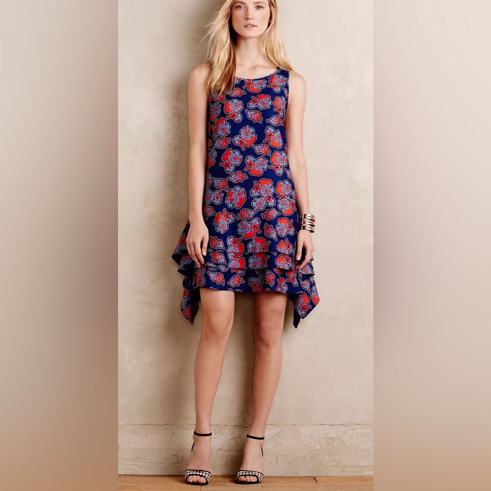Anthro Peter Som Sintra Blue Red Floral Tiered Hi Low Dress Handkerchief Hem 8